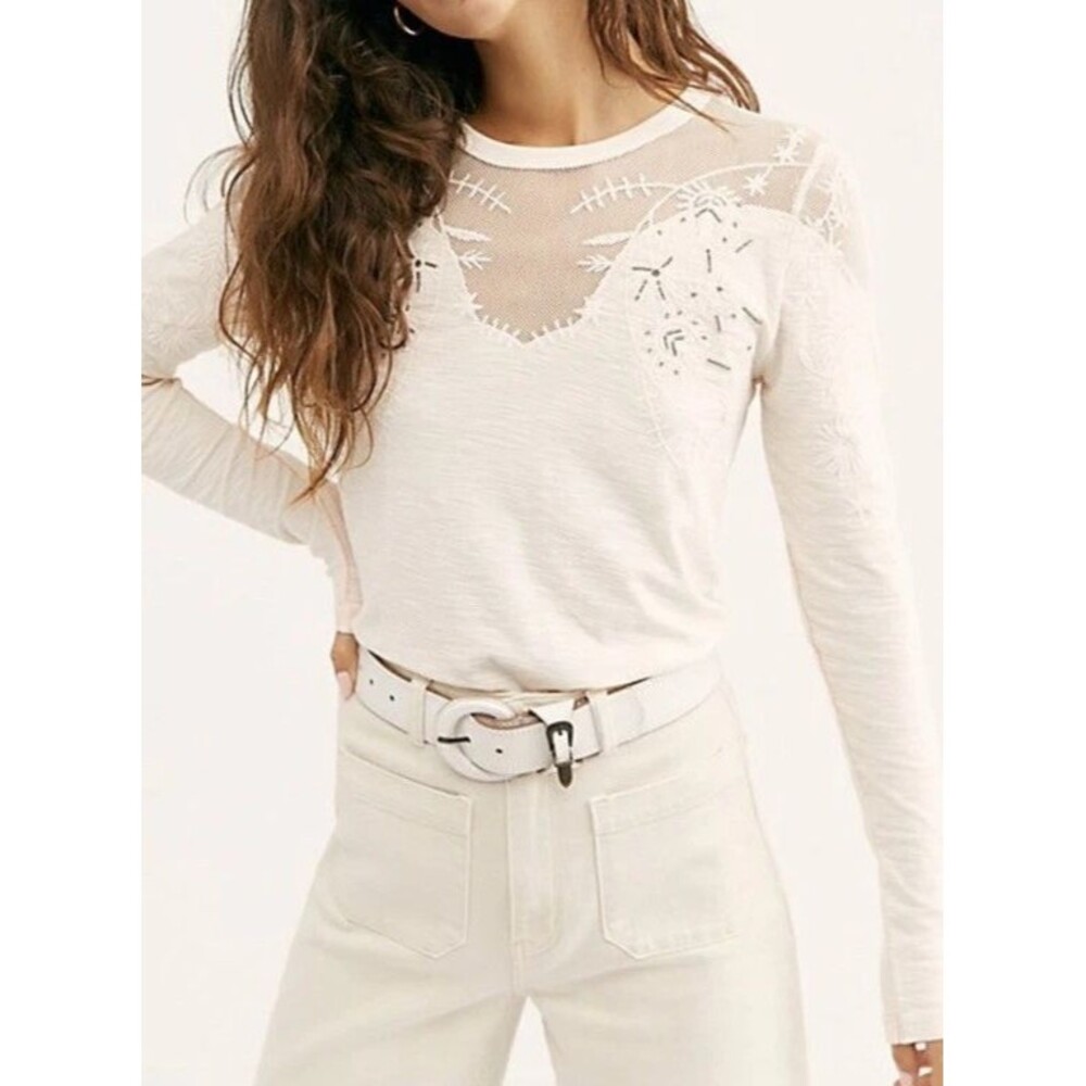 Free people Micha Embellished Mesh Beaded Long Sleeve Tee Blouse Top S 287514